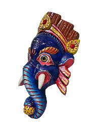 [ganesh], Handmade Wooden Mask, Wall Hanging, [blue Color], Poplar Wood